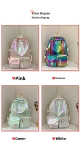Detail view of large capacity laser iridescent school backpacks in four color variants