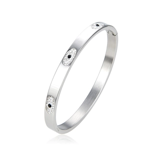 Elegant silver stainless steel evil eye bangle featuring micro-set cubic zirconia stones
