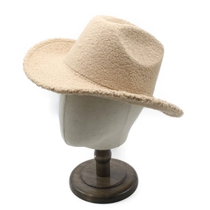 Classic beige lamb wool wide brim fedora hat for autumn and winter outdoor wear