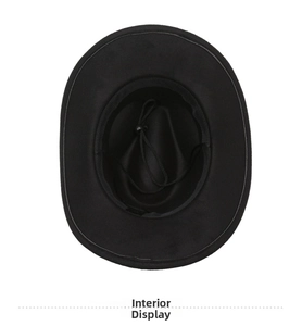 Detailed interior view of a black wool fedora featuring an adjustable chin strap cord