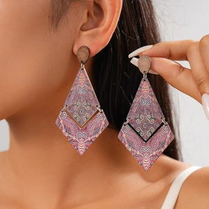 Bohemian Ethnic Wood Drop Earrings With 925 Sterling Silver Earring Post Geometric Rhombus Print Vintage Jewelry
