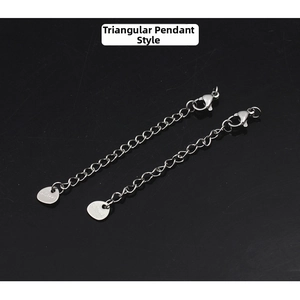 Close-up of stainless steel extension chains with lobster clasps and triangle tags