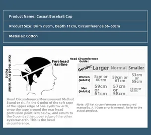 Size chart detail for cotton sun visor hat with brim, depth and circumference dimensions