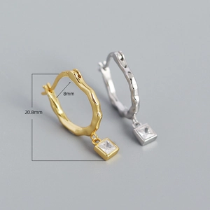 Irregular S925 sterling silver hoop earrings with square zircon pendants in gold and silver