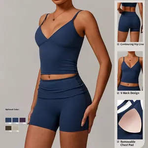 Women's eco-friendly yoga set featuring V-neck sports bra and high-waisted gym shorts