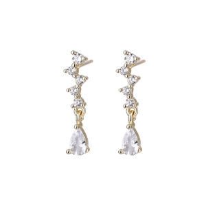 Elegant gold S925 silver teardrop earrings with shimmering zircons on white background