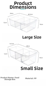 Detailed dimension chart for large and small plastic kitchen refrigerator storage boxes