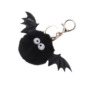 Halloween black faux mink fur bat keychain with plush pompom and gold metal ring clasp
