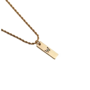 Macro shot of gold twist chain necklace featuring a rectangular colorful zircon letter W pendant