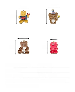 Detailed view of four colorful enamel cartoon bear charms with size measurements