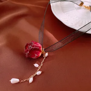 Vintage lace choker with dark red dried rose and irregular drop pearl necklace pendant