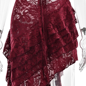 Detailed view of layered dark red floral lace hem with elegant wavy scallop edges
