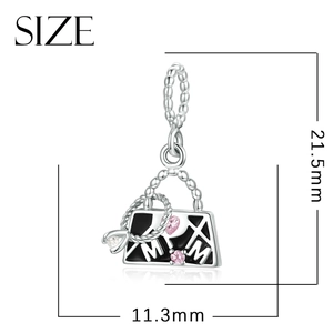 S925 sterling silver MOM handbag charm with pink zircon and dimensions 21.5mm x 11.3mm