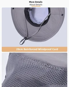 Détail d'un chapeau de soleil gris avec corde coupe-vent 28cm et maille respirante