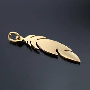 18K gold plated titanium steel feather pendant with brushed texture on black mirror surface