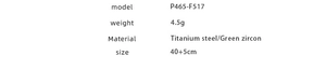 Specifications table for titanium steel necklace with green zircon, model P465-F517
