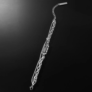 Hip hop silver titanium steel bracelet with double chain and black rectangular gemstone