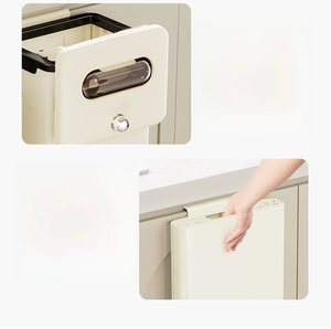 Detail showing sliding lid operation and foldable mechanism of beige kitchen bin