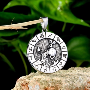 Vintage Stainless Steel Zodiac Sign Pendant Necklace Retro Oxidized Round Constellation Medallion Jewelry For Men Women