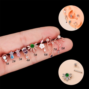 Double-headed stainless steel flower cartilage studs with colorful zircon and tassels
