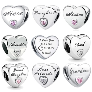 Heart Charm Bead 925 Sterling Silver Engraved Family Daughter Sister Dad Heart Cubic Zirconia DIY Bracelet Jewelry