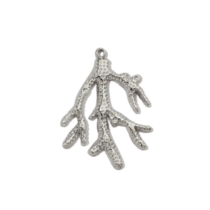 Detailed close-up of a silver-colored coral branch pendant in stainless steel
