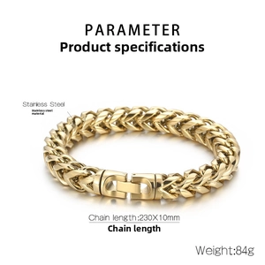 Detail of 10mm gold wheat link stainless steel bracelet with square buckle clasp