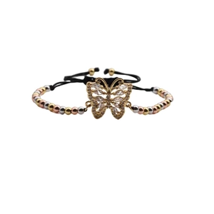 Adjustable butterfly bracelet with colorful metal beads and cubic zirconia inlay