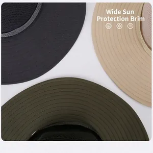 Outdoor wide brim sun hats in grey, beige and green with breathable mesh lining
