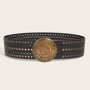 Retro PU leather belt featuring embossed bronze round buckle and metal eyelet details