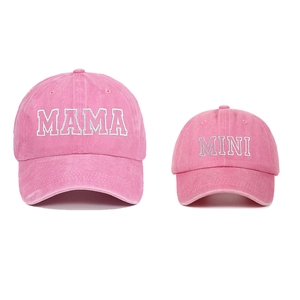 Pink washed cotton baseball caps set with MAMA and MINI embroidery for mother and daughter