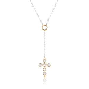 Elegant stainless steel cross pendant necklace with pearls and adjustable gold chain