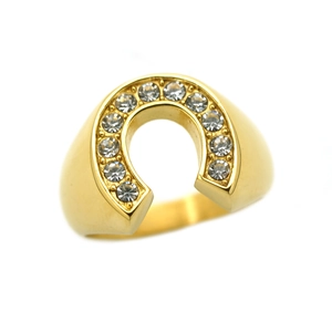 Gold U-shaped horseshoe ring in stainless steel with 11 round clear zircon crystals