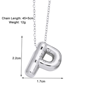 Detail of silver 3D balloon letter P pendant showing size 2.2x1.7cm and 45+5cm chain length