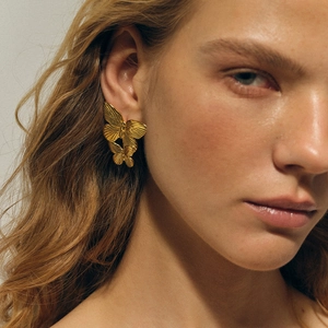 Exaggerated double-layered gold butterfly earrings with intricate vein texture for women