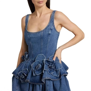 Robe Courte En Jean Sexy Avec Fleurs De Rose 3D Ourlet À Volants Bretelles Spaghetti Fermeture Éclair Dos Style Femmes