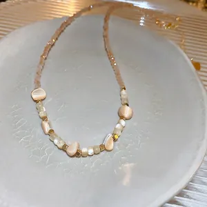 Irregular shell and pink crystal beaded necklace with vintage French style and gold beads