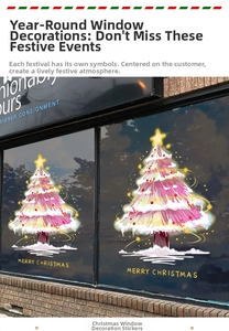 Close-up of pink Christmas tree window stickers with Merry Christmas gold lettering