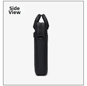 Side view of black 15-inch laptop bag with durable fabric and metal D-ring attachment