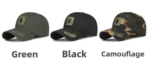 Close-up of U.S. ARMY embroidery on green, black, and camo cotton baseball caps