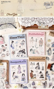 Detail of Forest Girls series sticker books with hand-drawn characters and vintage props