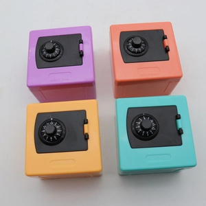 Detailed top view of mini plastic safe piggy banks in purple, red, yellow and cyan colors