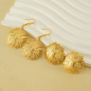 Golden sunflower earrings set with detailed textured metal petals and hook design