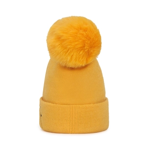 Bonnet en tricot jaune pour bébé avec grand pompon, chapeau d'hiver chaud à bords larges