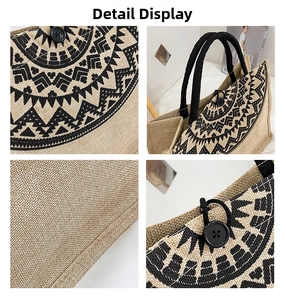 Detail view of linen tote bag showing geometric sun print, fabric texture and button closure