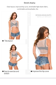 Drei-Winkel-Ansicht von Denim-Shorts mit Fransensaum und Mesh-Tanktop mit Designdetails