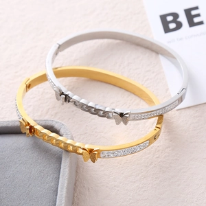 Elegant gold and silver stainless steel bangles with double row diamonds and hollow butterflies