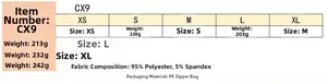 Detailed size chart and fabric specifications for men's athletic long sleeve shirt
