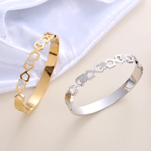 Bracelet Jonc Évidé Hexagone Nid Abeille Acier Inoxydable Strass Ajustable Manchette Ouverte Bijoux Géométriques Femmes