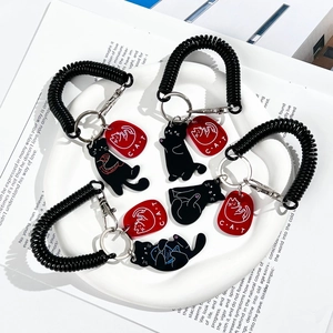 Black Cat Acrylic Keychain With Spiral Spring Coil Anti-Lost Lanyard Bag Charm Accessories For Women Girls Kawaii